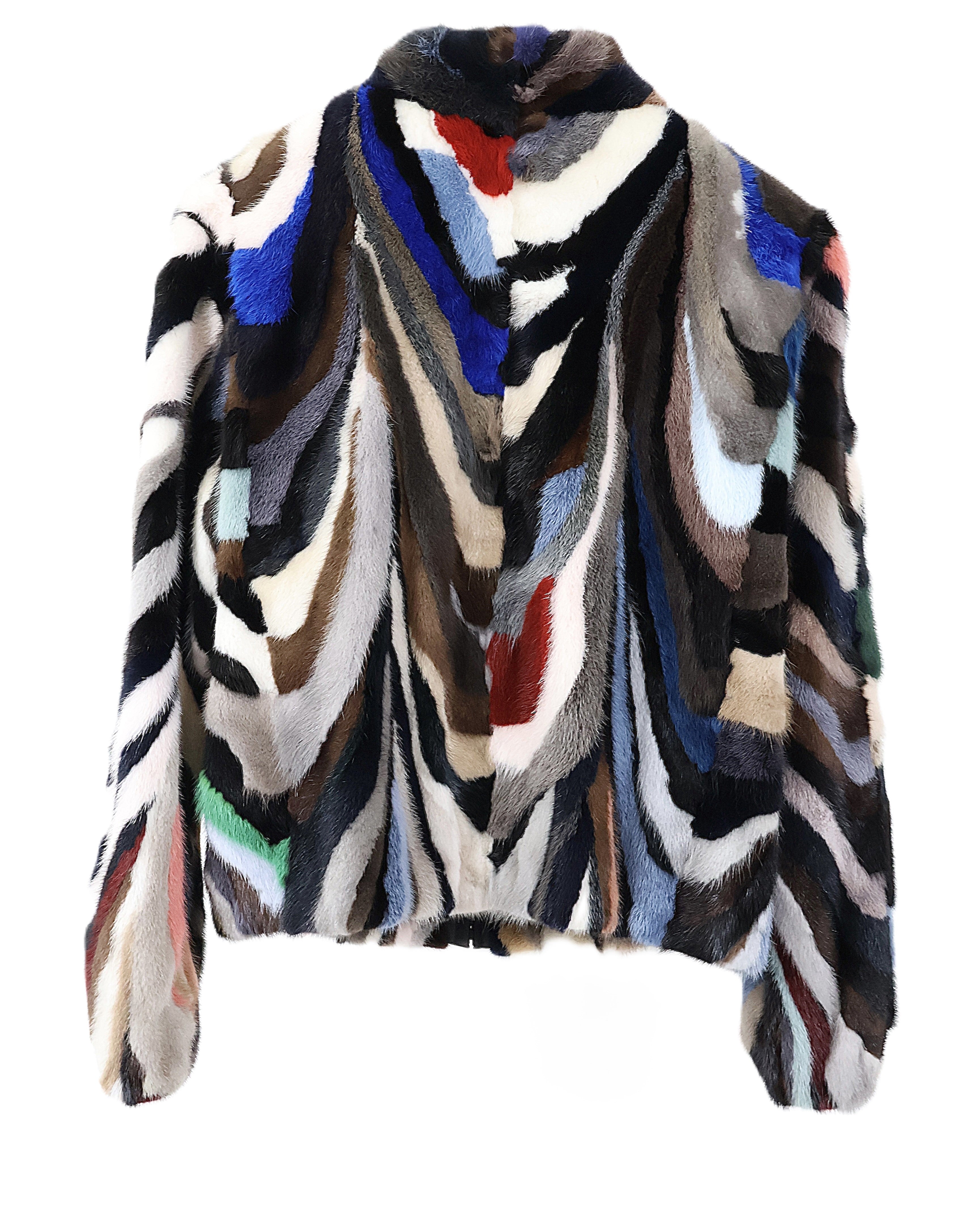 PRE-OWNED DYED MULTICOLORED MINK COLLARLESS MINK JACKET W/ELASTIC SLEEVE FINISH & LEATHER TRIM ZIPPER