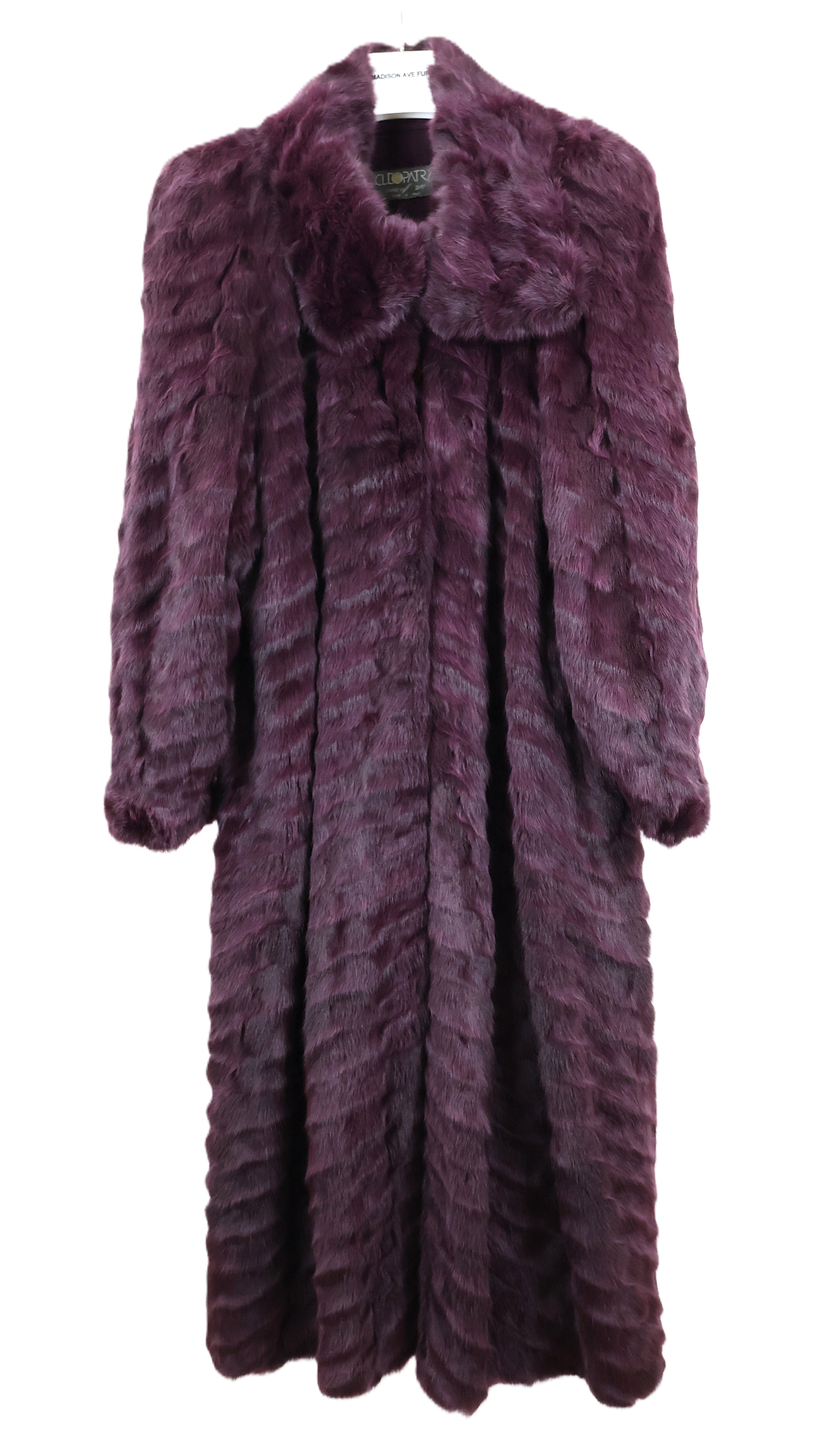 PRE-OWNED PURPLE DYED RUSSIAN SQUIRREL COAT W/ WING COLLAR, DOLMAN SLEEVES & BANDED CUFFS