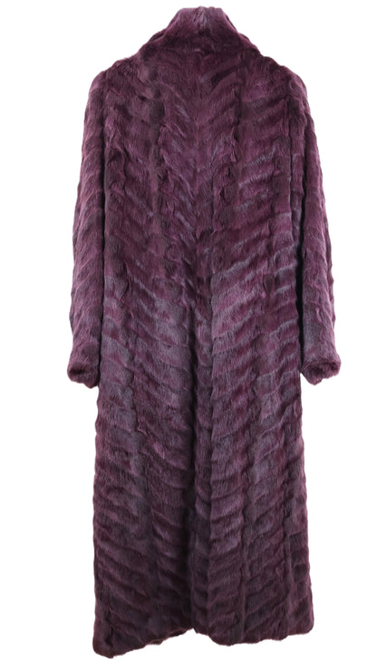 PRE-OWNED PURPLE DYED RUSSIAN SQUIRREL COAT W/ WING COLLAR, DOLMAN SLEEVES & BANDED CUFFS