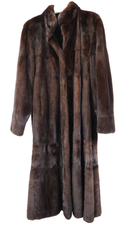 PRE-OWNED MAHOGANY MINK/ NAPA LEATHER REVERSIBLE COAT W/ WING COLLAR