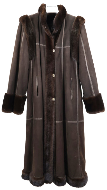 PRE-OWNED MAHOGANY MINK/ NAPA LEATHER REVERSIBLE COAT W/ WING COLLAR