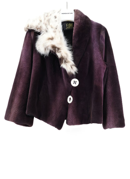 PRE-OWNED PLUM DYED SHEARED MINK JACKET W/ HALF CANADIAN LYNX NOTCH COLLAR & HALF SHEARED MINK SHAWL COLLAR