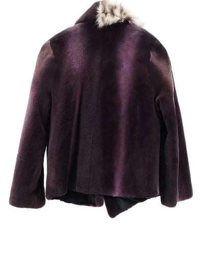 PRE-OWNED PLUM DYED SHEARED MINK JACKET W/ HALF CANADIAN LYNX NOTCH COLLAR & HALF SHEARED MINK SHAWL COLLAR
