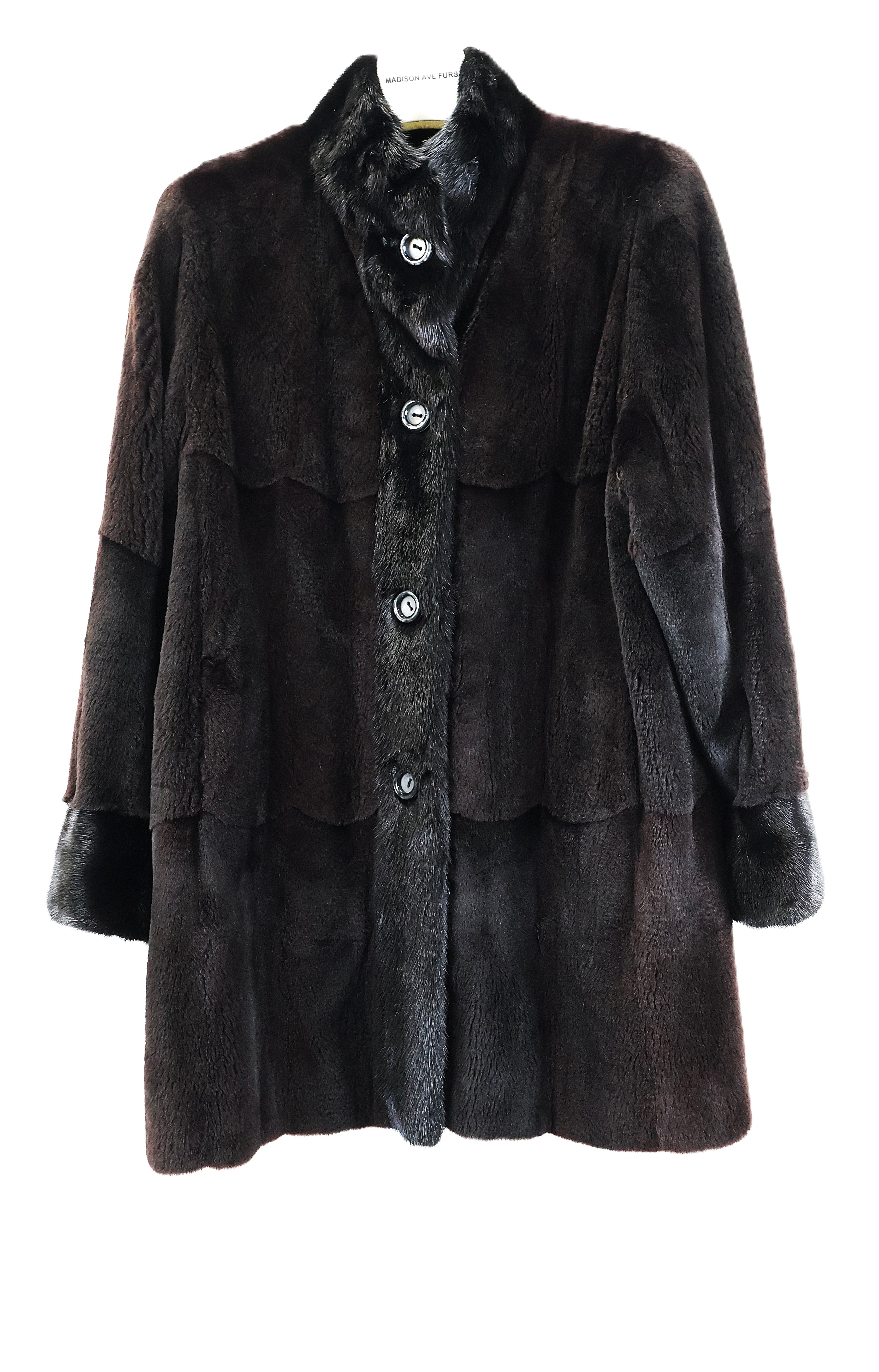 PRE-OWNED BLACK DYED SKIN ON SKIN SHEARED MINK REVERSIBLE TO TAFFETA STROLLER W/ LONG HAIRED MINK STAND UP COLLAR & TRIM