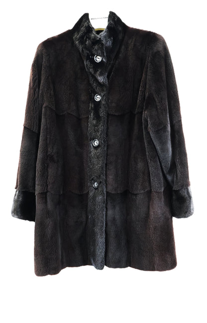 PRE-OWNED BLACK DYED SKIN ON SKIN SHEARED MINK REVERSIBLE TO TAFFETA STROLLER W/ LONG HAIRED MINK STAND UP COLLAR & TRIM
