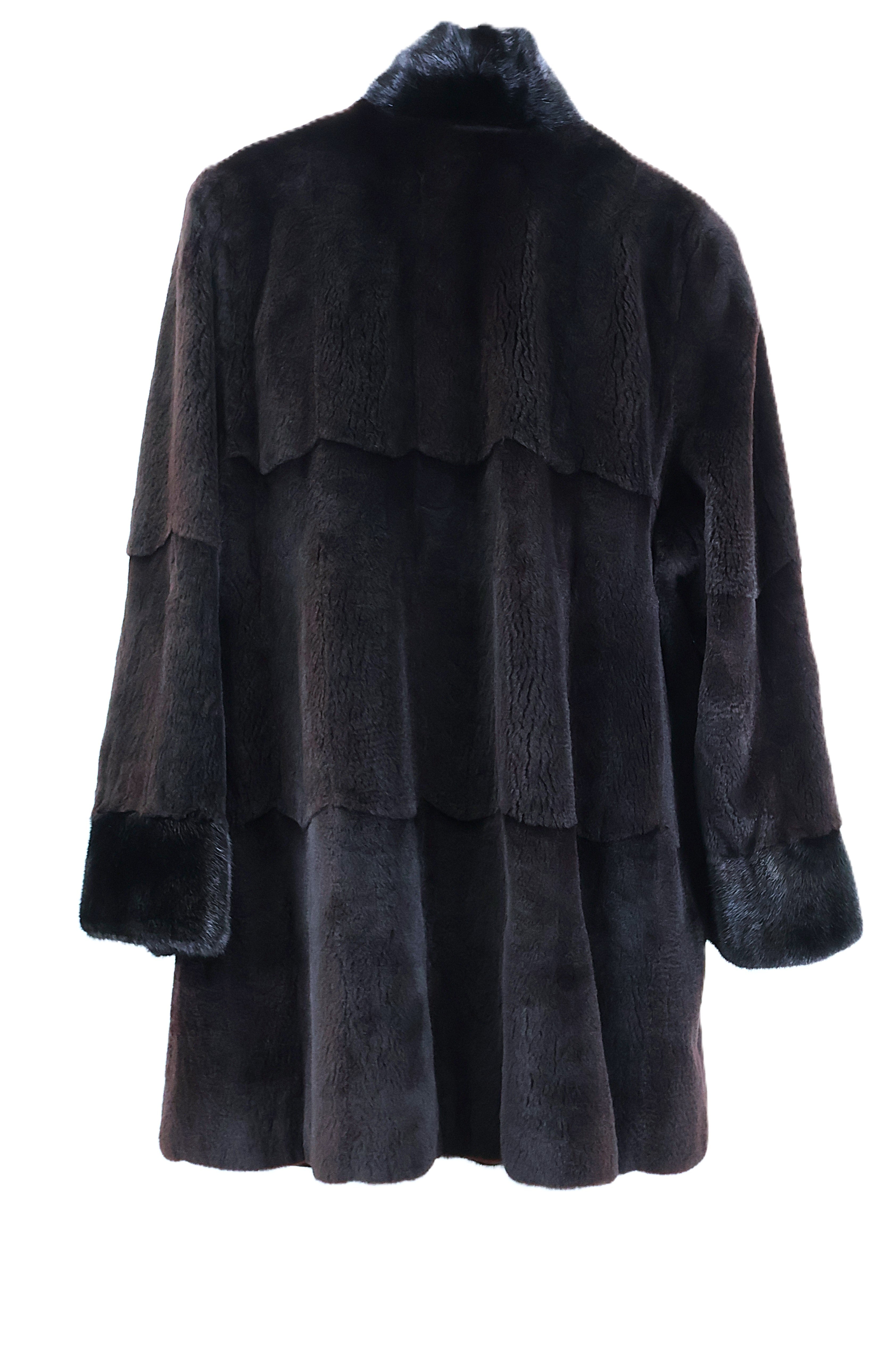 PRE-OWNED BLACK DYED SKIN ON SKIN SHEARED MINK REVERSIBLE TO TAFFETA STROLLER W/ LONG HAIRED MINK STAND UP COLLAR & TRIM