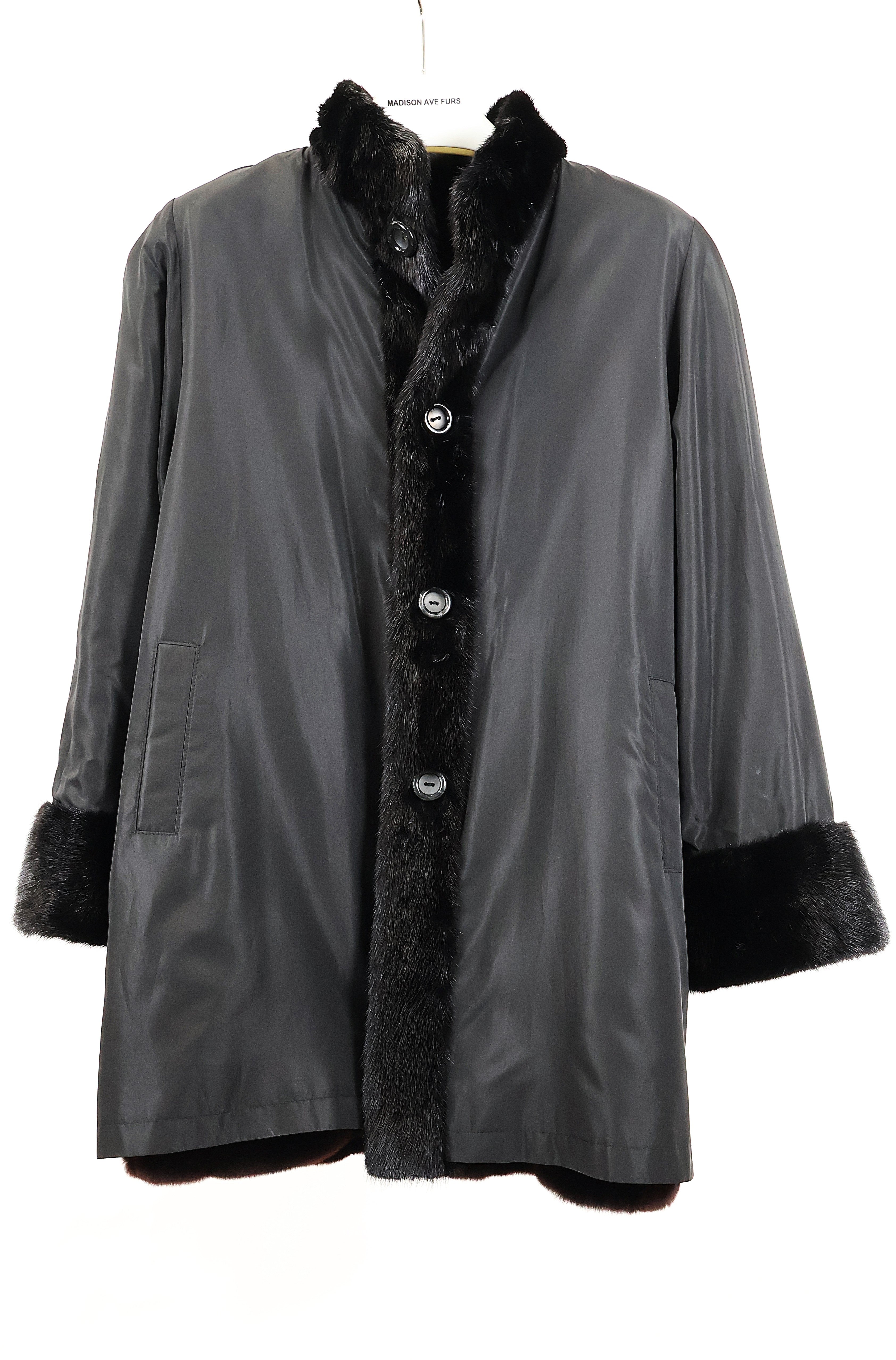 PRE-OWNED BLACK DYED SKIN ON SKIN SHEARED MINK REVERSIBLE TO TAFFETA STROLLER W/ LONG HAIRED MINK STAND UP COLLAR & TRIM