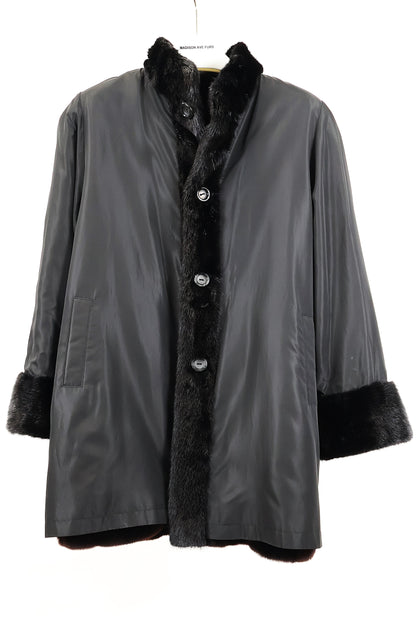 PRE-OWNED BLACK DYED SKIN ON SKIN SHEARED MINK REVERSIBLE TO TAFFETA STROLLER W/ LONG HAIRED MINK STAND UP COLLAR & TRIM