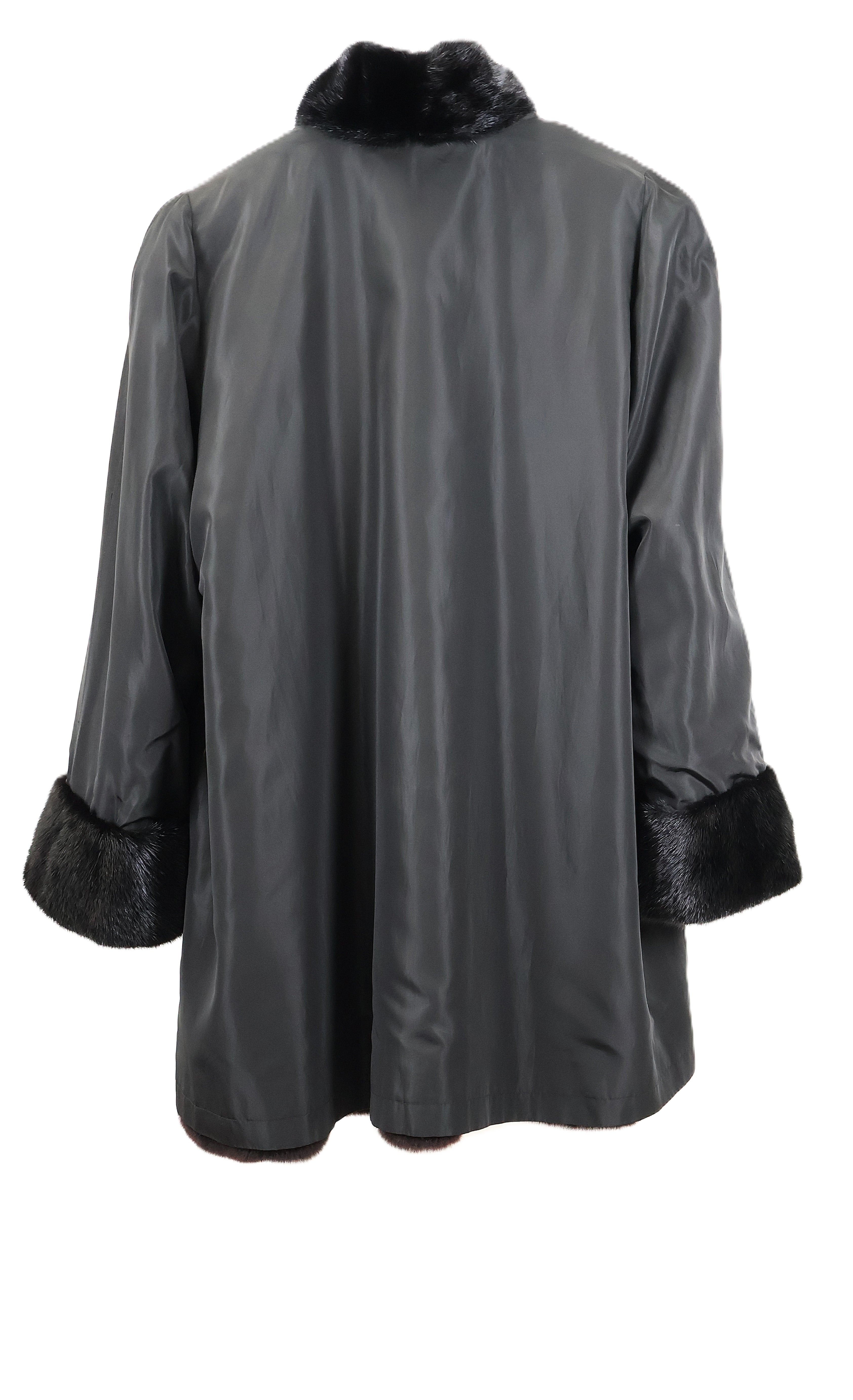 PRE-OWNED BLACK DYED SKIN ON SKIN SHEARED MINK REVERSIBLE TO TAFFETA STROLLER W/ LONG HAIRED MINK STAND UP COLLAR & TRIM