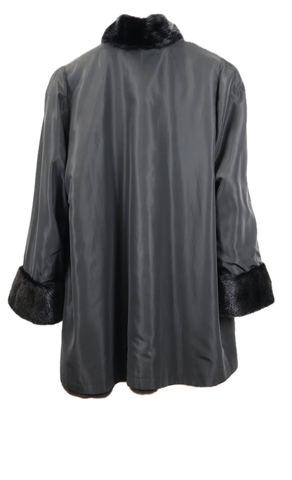 PRE-OWNED BLACK DYED SKIN ON SKIN SHEARED MINK REVERSIBLE TO TAFFETA STROLLER W/ LONG HAIRED MINK STAND UP COLLAR & TRIM