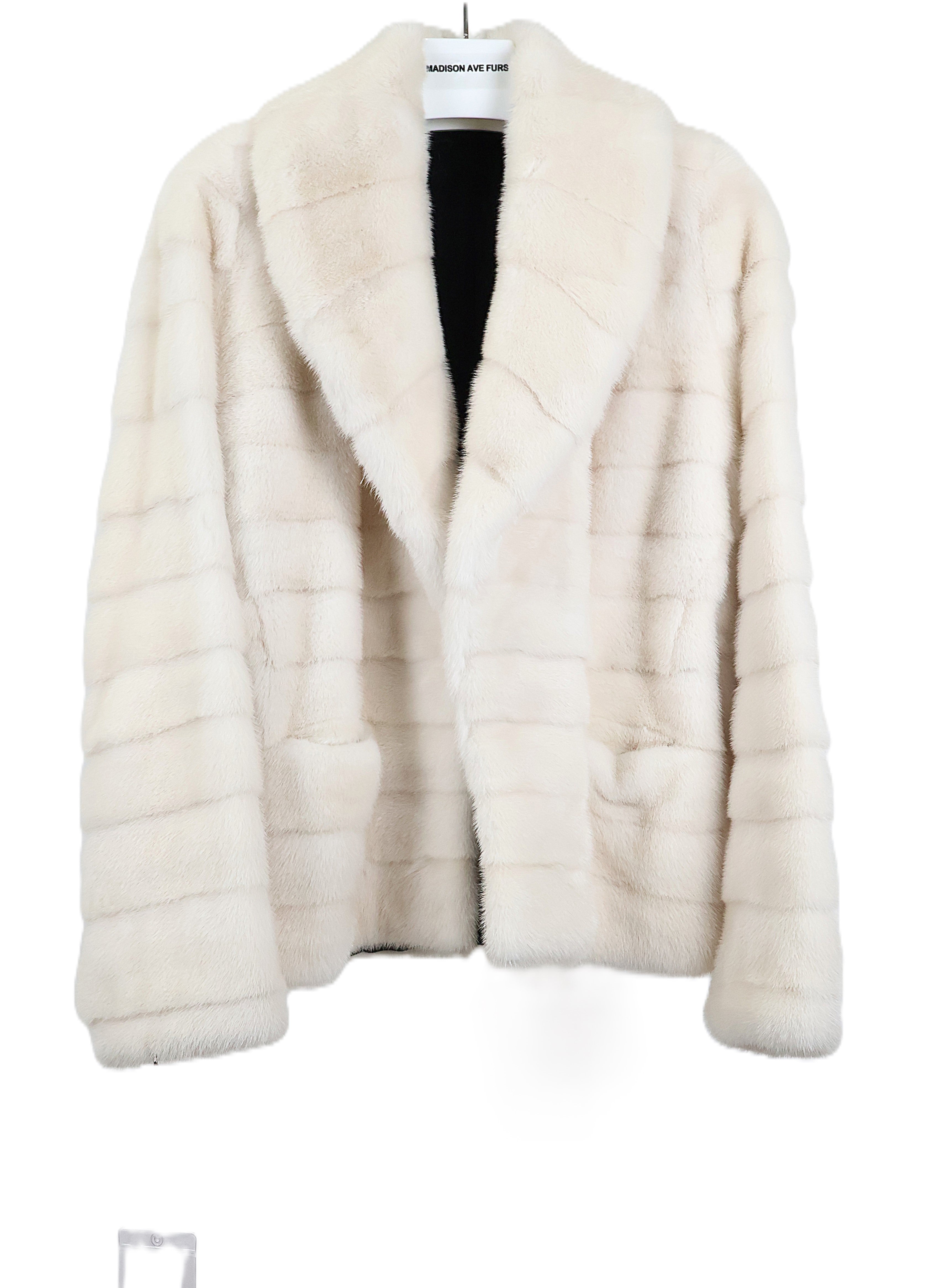 NEW WHITE MINK HORIZONTAL JACKET W/ CROSS CUT SHAWL COLLAR & STRAIGHT SLEEVES