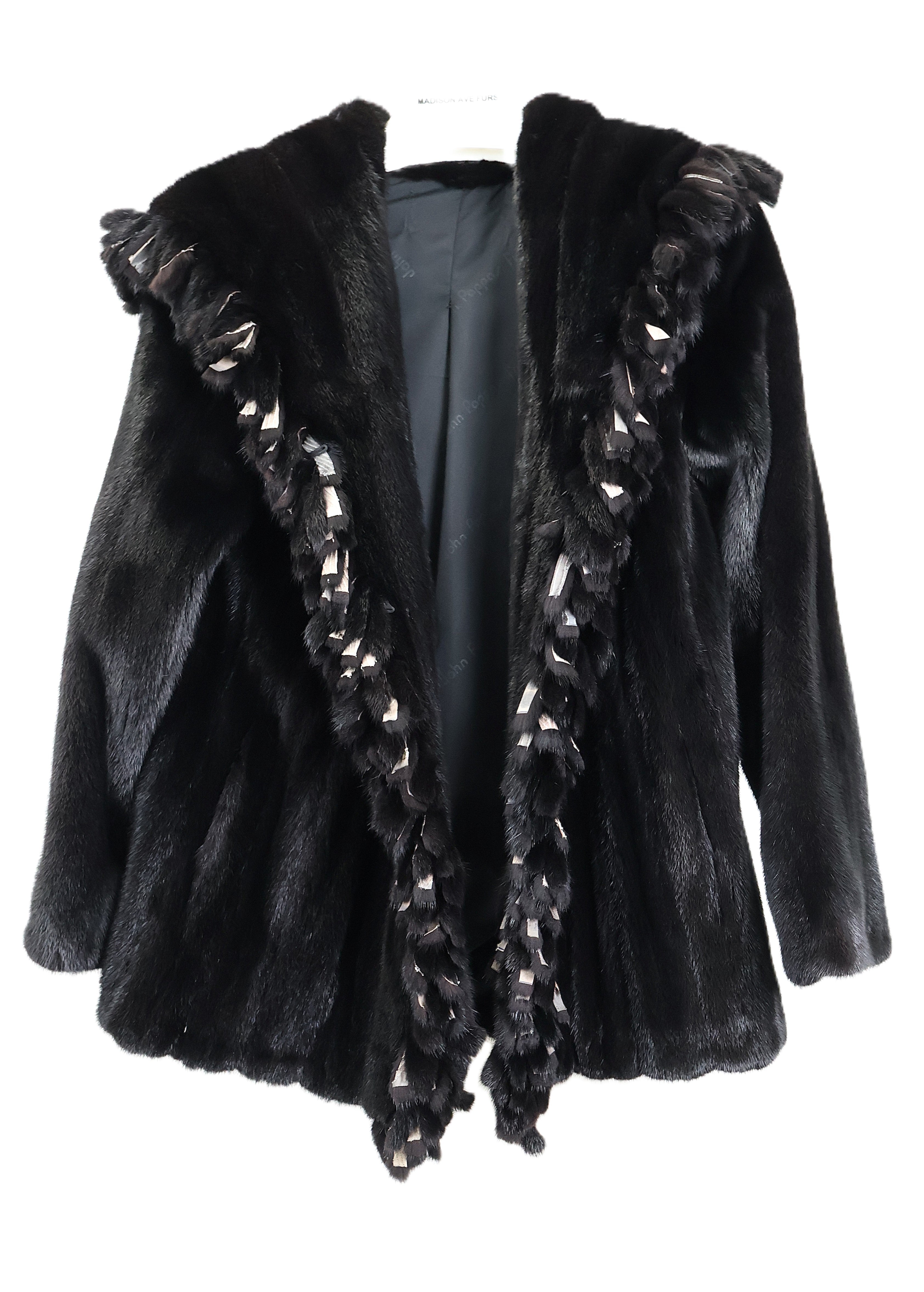 NEW RANCH MINK HOODED JACKET W/ FRINGE TRIM & STRAIGHT SLEEVES