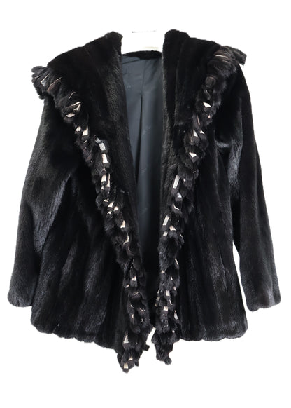 NEW RANCH MINK HOODED JACKET W/ FRINGE TRIM & STRAIGHT SLEEVES