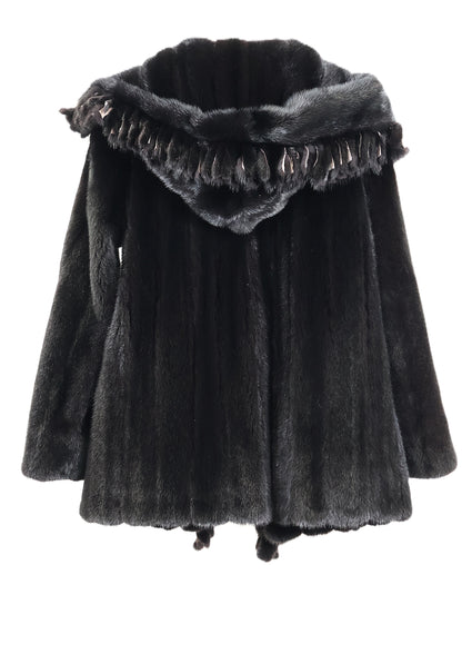 NEW RANCH MINK HOODED JACKET W/ FRINGE TRIM & STRAIGHT SLEEVES