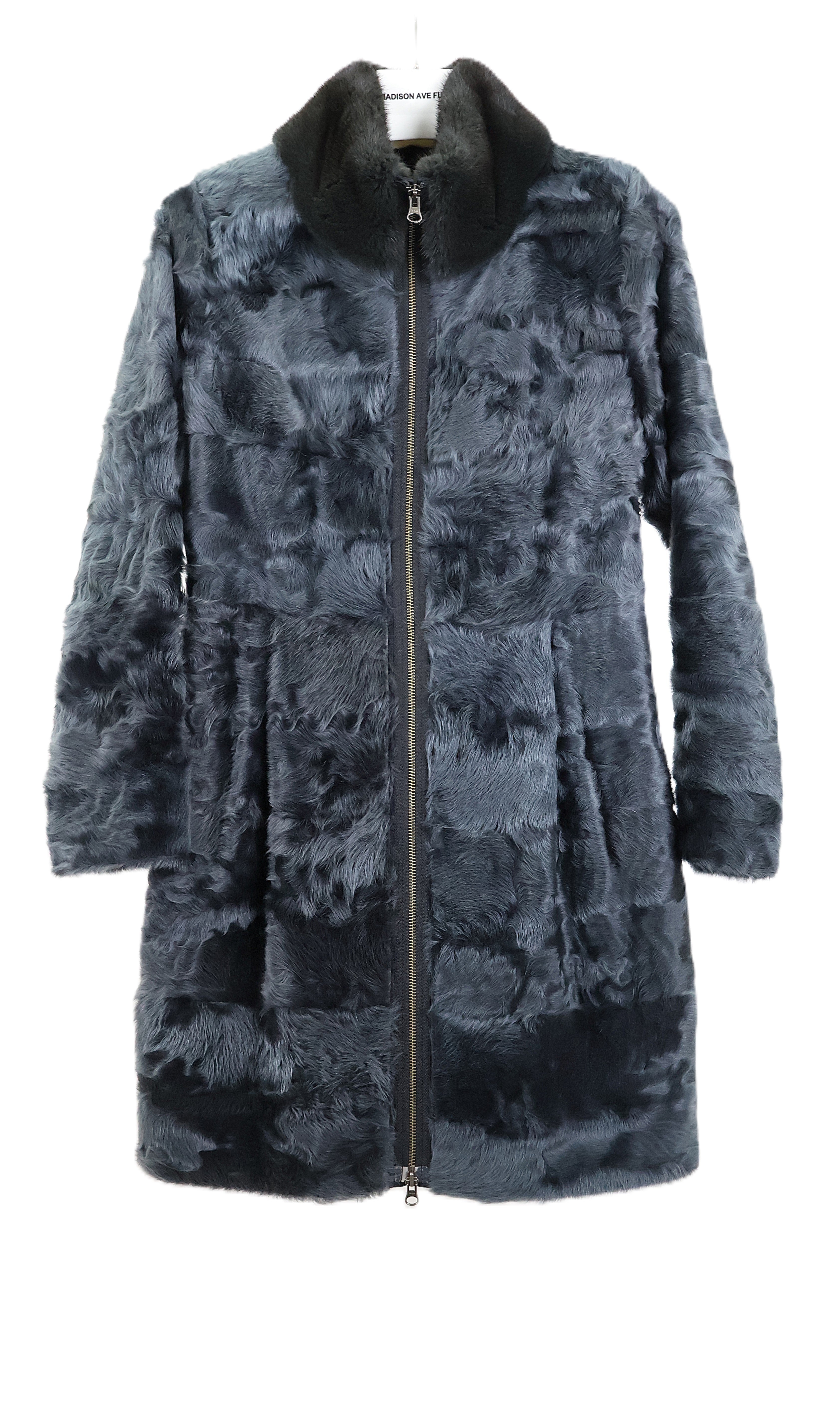 NEW DYED SMOKEY BLUE LAMB STROLLER W/ DYED MINK STAND COLLAR, STRAIGHT SLEEVES & 2-WAY ZIPPER