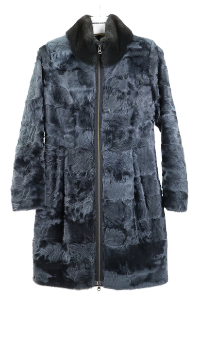 NEW DYED SMOKEY BLUE LAMB STROLLER W/ DYED MINK STAND COLLAR, STRAIGHT SLEEVES & 2-WAY ZIPPER