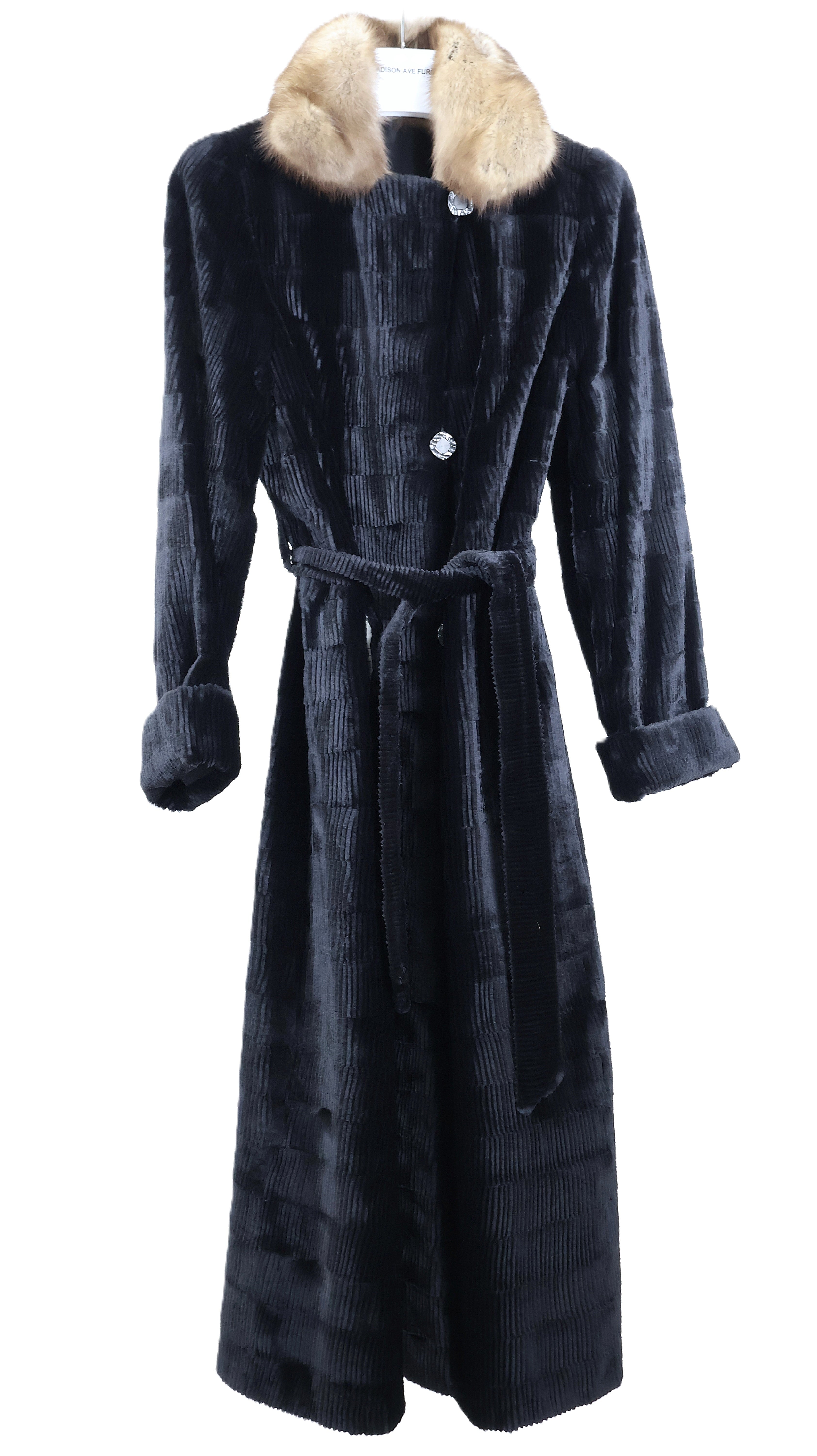 PRE-OWNED BLACK DYED GROOVED SHEARED MINK COAT REVERSIBLE TO TAFFETA W/ SABLE WING COLLAR , TURN BACK CUFFS & WRAP BELT