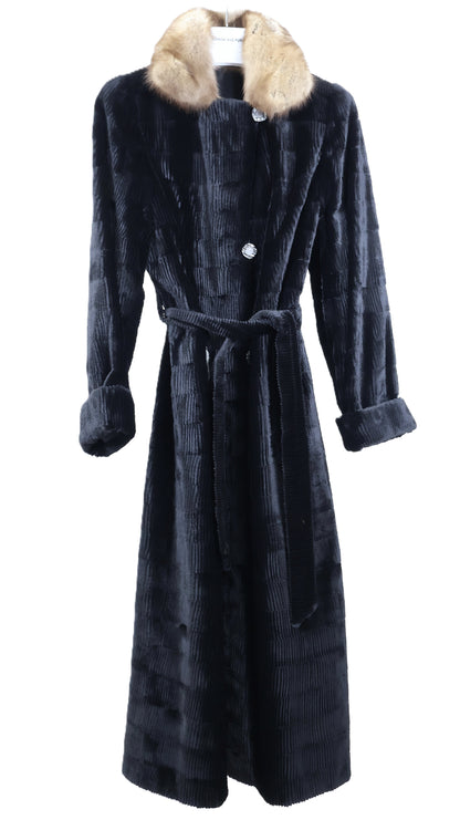 PRE-OWNED BLACK DYED GROOVED SHEARED MINK COAT REVERSIBLE TO TAFFETA W/ SABLE WING COLLAR , TURN BACK CUFFS & WRAP BELT