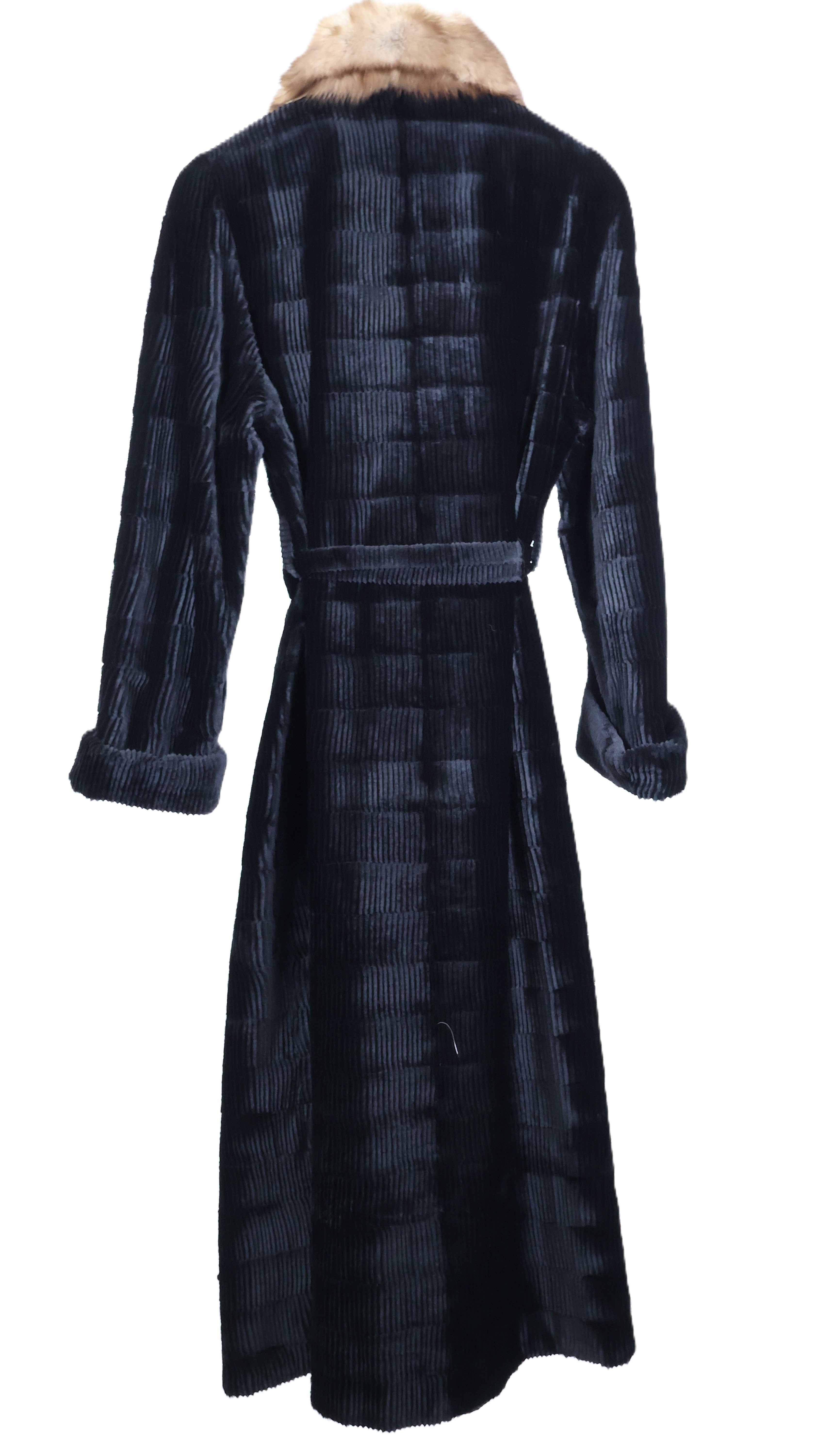 PRE-OWNED BLACK DYED GROOVED SHEARED MINK COAT REVERSIBLE TO TAFFETA W/ SABLE WING COLLAR , TURN BACK CUFFS & WRAP BELT
