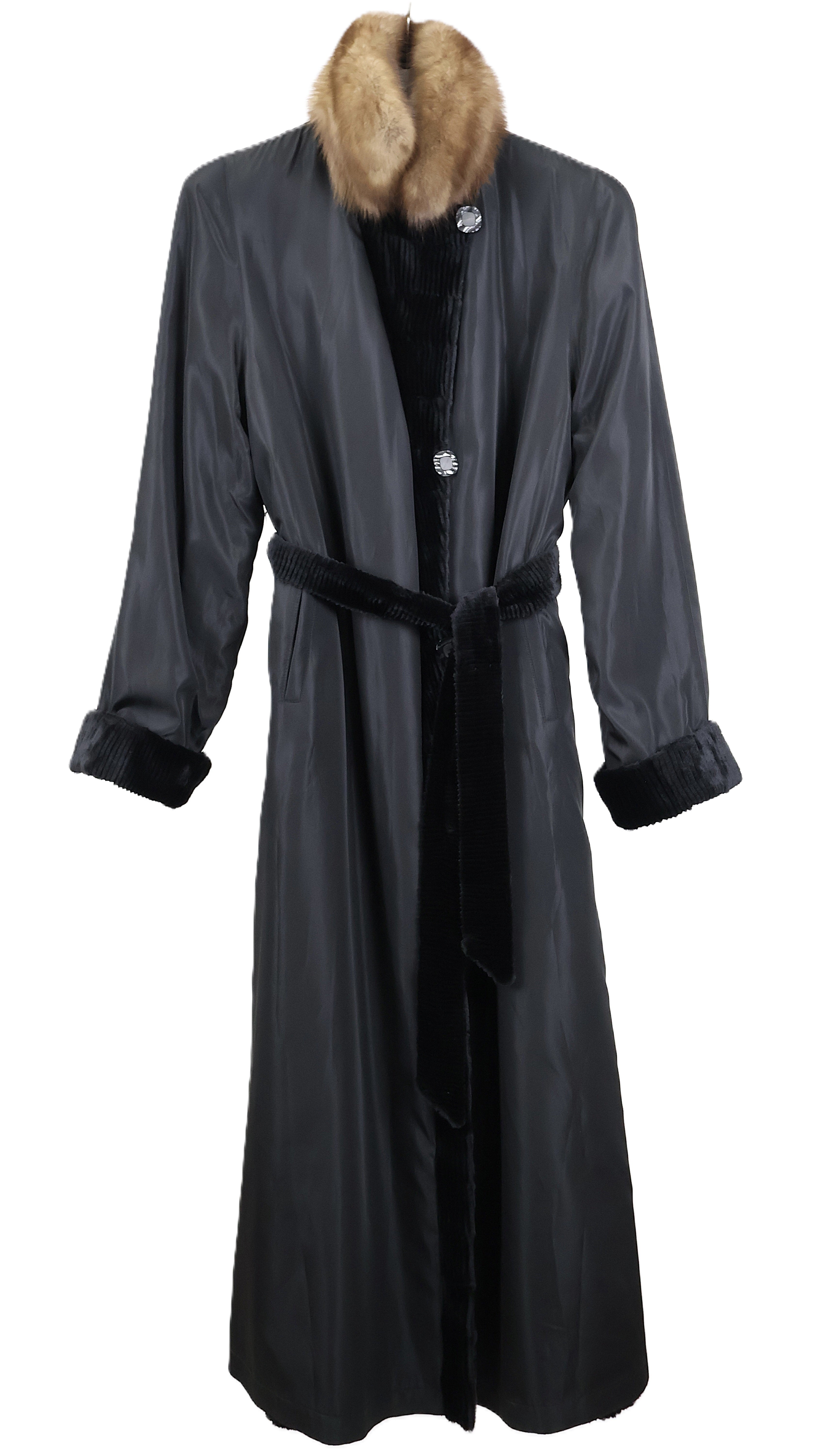 PRE-OWNED BLACK DYED GROOVED SHEARED MINK COAT REVERSIBLE TO TAFFETA W/ SABLE WING COLLAR , TURN BACK CUFFS & WRAP BELT