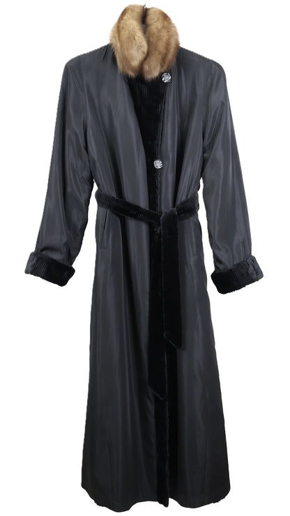 PRE-OWNED BLACK DYED GROOVED SHEARED MINK COAT REVERSIBLE TO TAFFETA W/ SABLE WING COLLAR , TURN BACK CUFFS & WRAP BELT