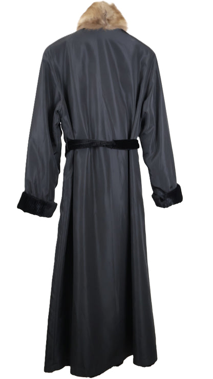 PRE-OWNED BLACK DYED GROOVED SHEARED MINK COAT REVERSIBLE TO TAFFETA W/ SABLE WING COLLAR , TURN BACK CUFFS & WRAP BELT