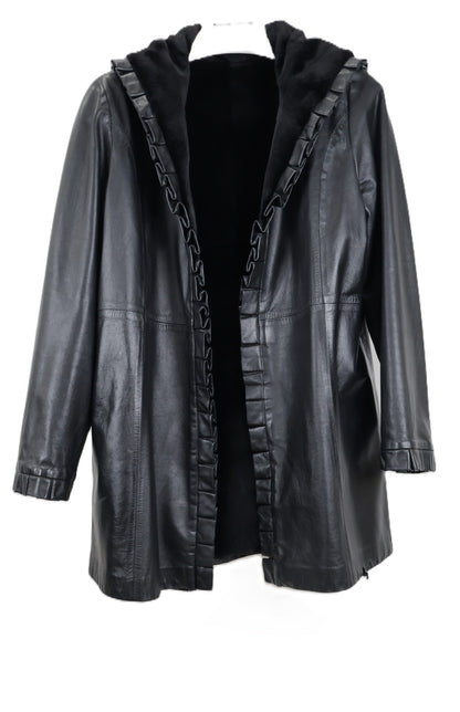 PRE-OWNED BLACK SHEARED MINK REVERSIBLE TO LEATHER HOODED STROLLER W/ STRAIGHT SLEEVES & RUFFLED EDGES