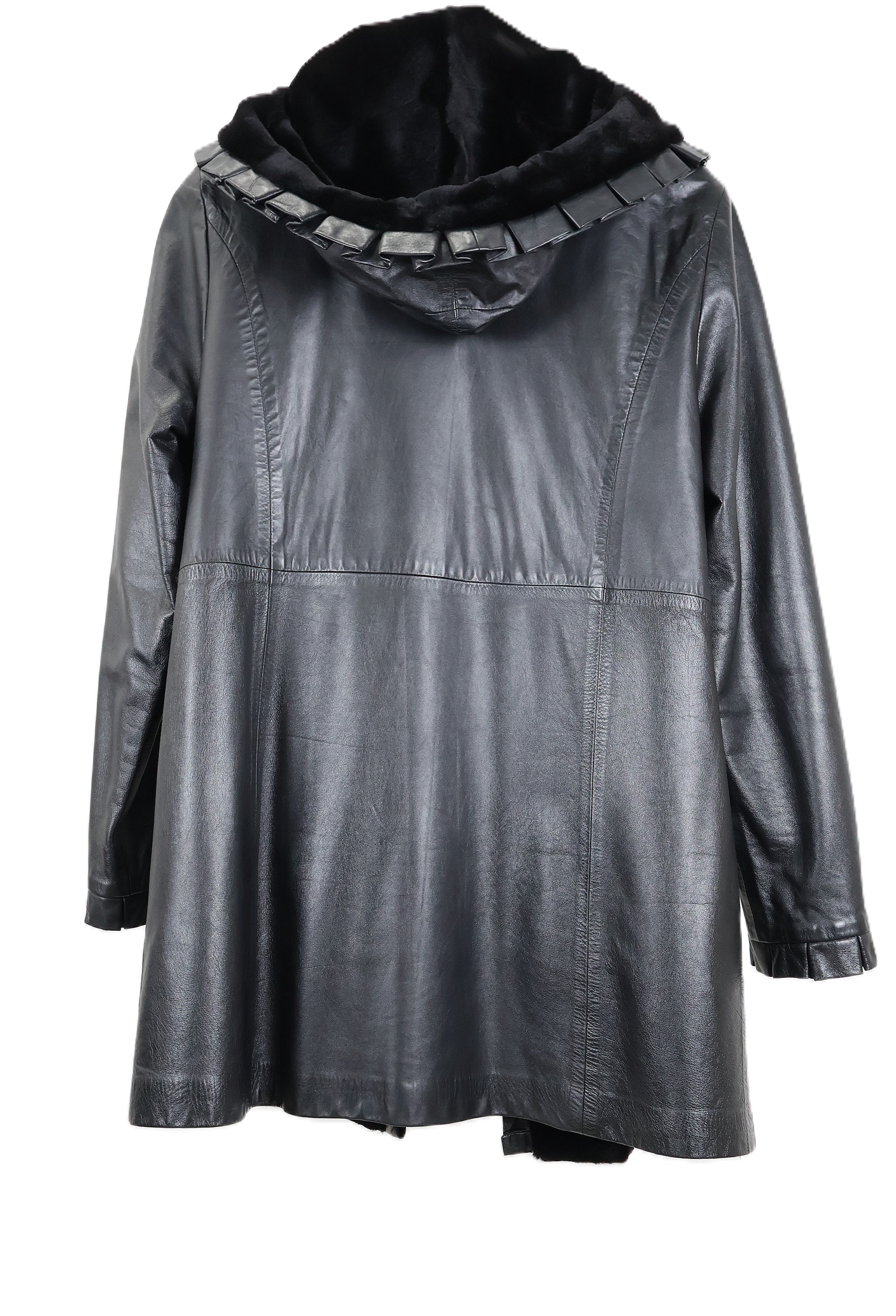 PRE-OWNED BLACK SHEARED MINK REVERSIBLE TO LEATHER HOODED STROLLER W/ STRAIGHT SLEEVES & RUFFLED EDGES