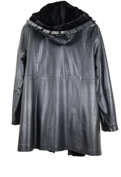 PRE-OWNED BLACK SHEARED MINK REVERSIBLE TO LEATHER HOODED STROLLER W/ STRAIGHT SLEEVES & RUFFLED EDGES