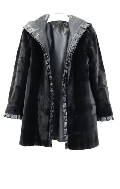PRE-OWNED BLACK SHEARED MINK REVERSIBLE TO LEATHER HOODED STROLLER W/ STRAIGHT SLEEVES & RUFFLED EDGES