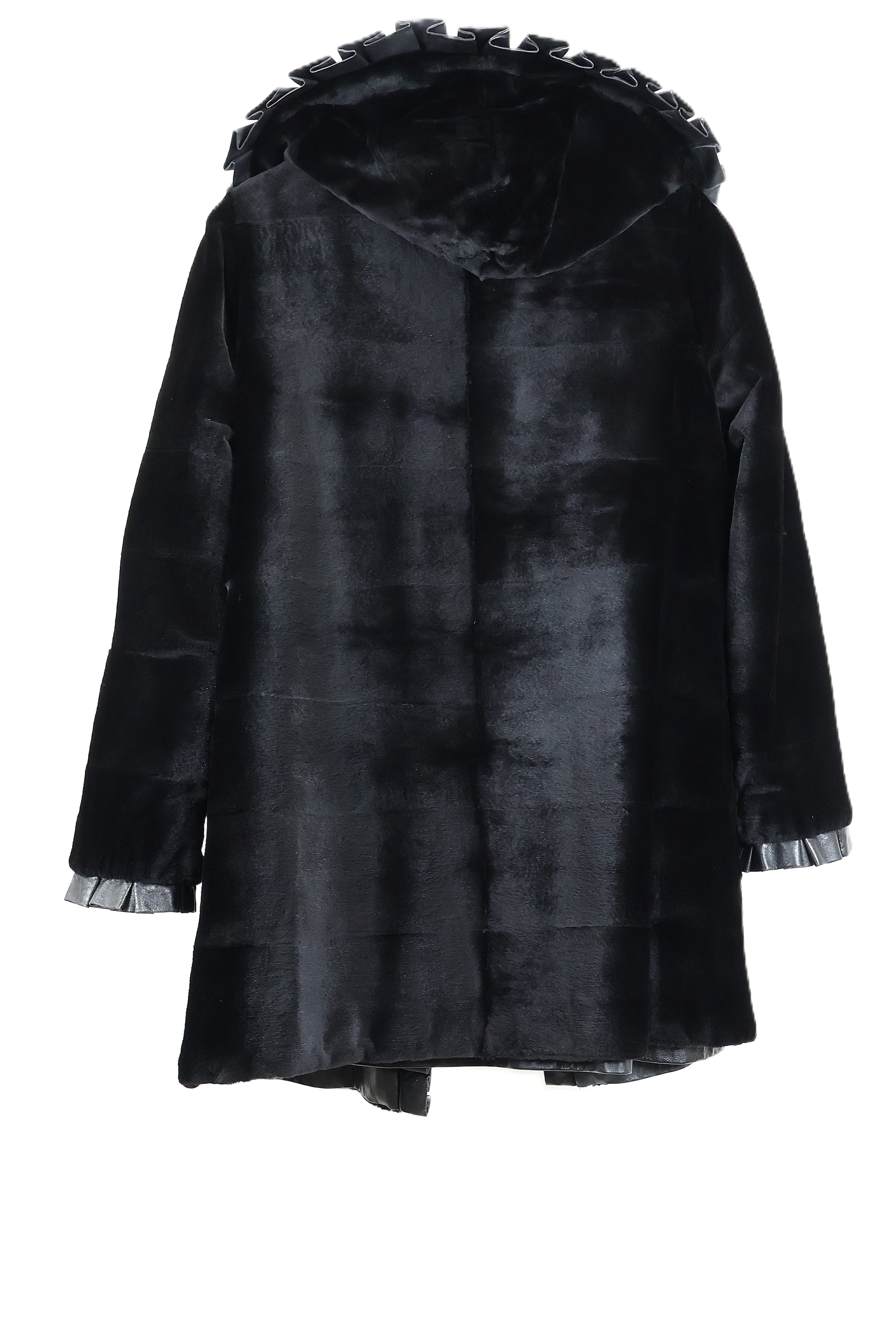 PRE-OWNED BLACK SHEARED MINK REVERSIBLE TO LEATHER HOODED STROLLER W/ STRAIGHT SLEEVES & RUFFLED EDGES