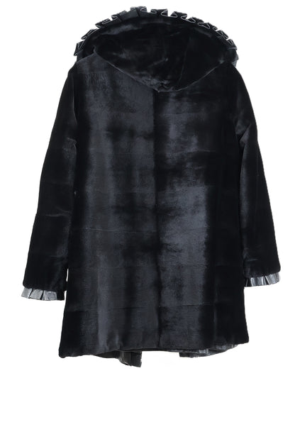 PRE-OWNED BLACK SHEARED MINK REVERSIBLE TO LEATHER HOODED STROLLER W/ STRAIGHT SLEEVES & RUFFLED EDGES