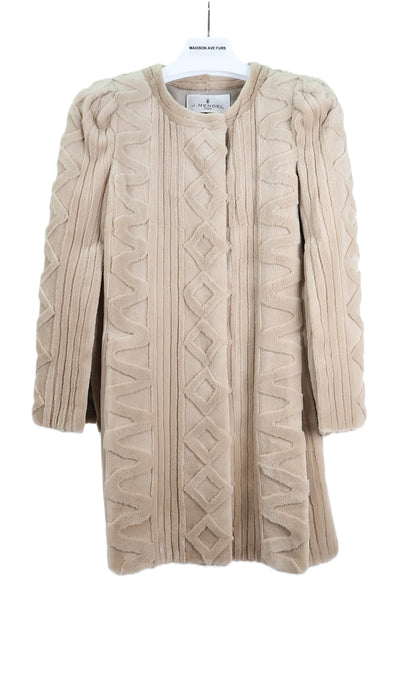 PRE-OWNED J. MENDEL CREAM DYED SHEARED MINK  COLLARLESS STROLLER W/ LASER CUT DESIGN W/ SLITTED 3/4 SLEEVES & TWO SIDE SLITS