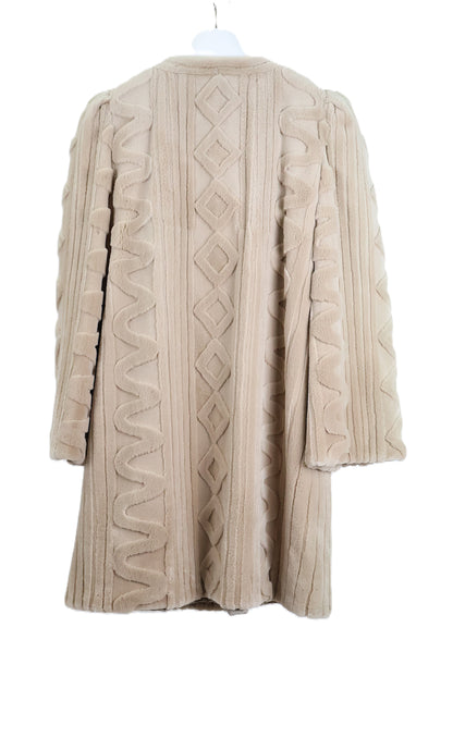 PRE-OWNED J. MENDEL CREAM DYED SHEARED MINK  COLLARLESS STROLLER W/ LASER CUT DESIGN W/ SLITTED 3/4 SLEEVES & TWO SIDE SLITS