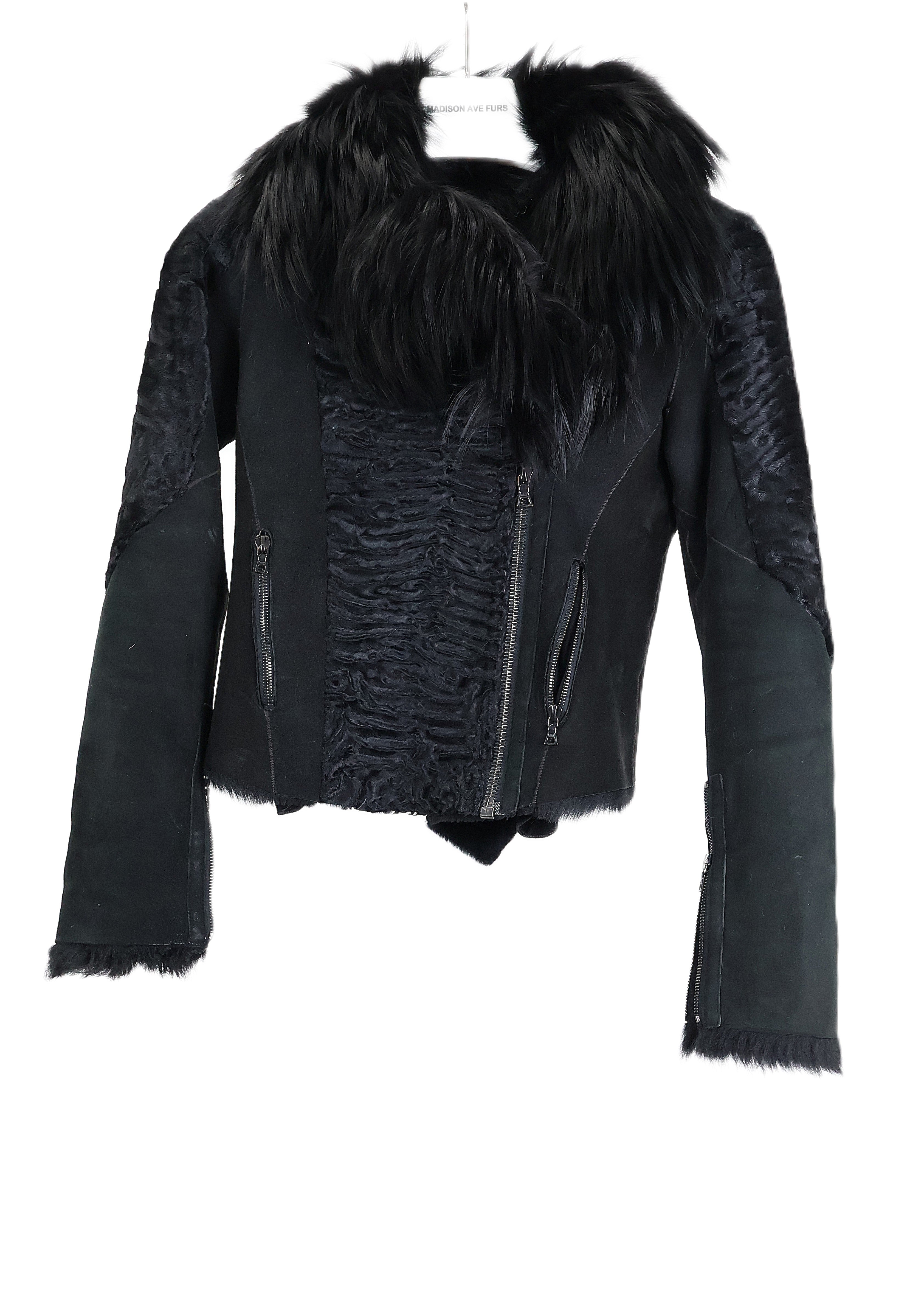 PRE-OWNED BLACK DYED SLIVER FOX & SWAKARA LAMB SHEARLING W/ FOX NOTCH COLLAR W/ LEATHER INSIDE & ZIP POCKETS
