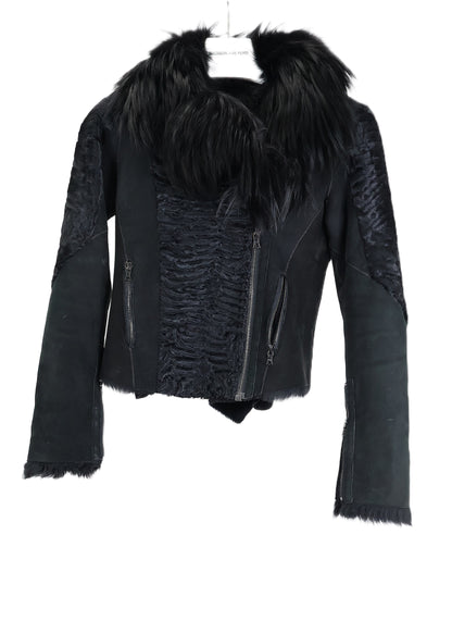 PRE-OWNED BLACK DYED SLIVER FOX & SWAKARA LAMB SHEARLING W/ FOX NOTCH COLLAR W/ LEATHER INSIDE & ZIP POCKETS