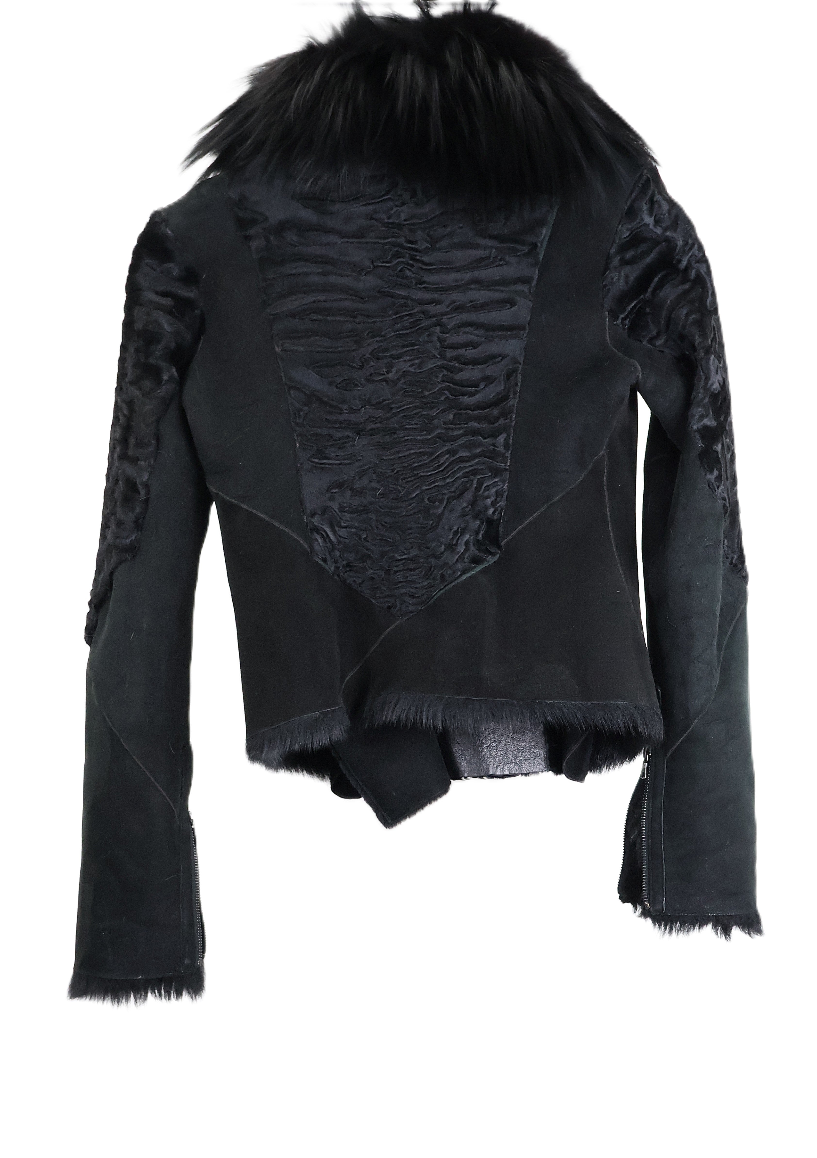 PRE-OWNED BLACK DYED SLIVER FOX & SWAKARA LAMB SHEARLING W/ FOX NOTCH COLLAR W/ LEATHER INSIDE & ZIP POCKETS