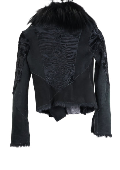 PRE-OWNED BLACK DYED SLIVER FOX & SWAKARA LAMB SHEARLING W/ FOX NOTCH COLLAR W/ LEATHER INSIDE & ZIP POCKETS