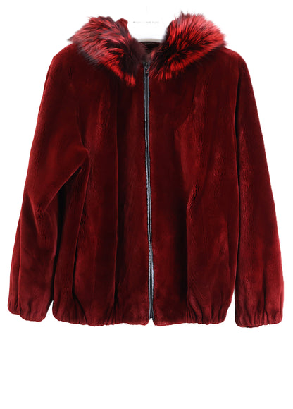 PRE-OWNED BURGANDY SHEARED MINK HOODED BOMBER JACKET W/ FOX TRIM ON HOOD