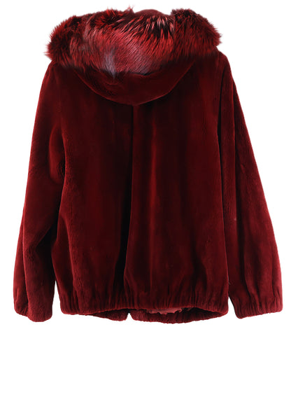 PRE-OWNED BURGANDY SHEARED MINK HOODED BOMBER JACKET W/ FOX TRIM ON HOOD