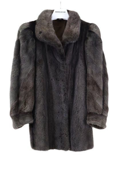 PRE-OWNED BLACK/GREY CROSS MINK STROLLER W/ WING COLLAR, DIAGONAL SLEEVES & BANDED CUFFS