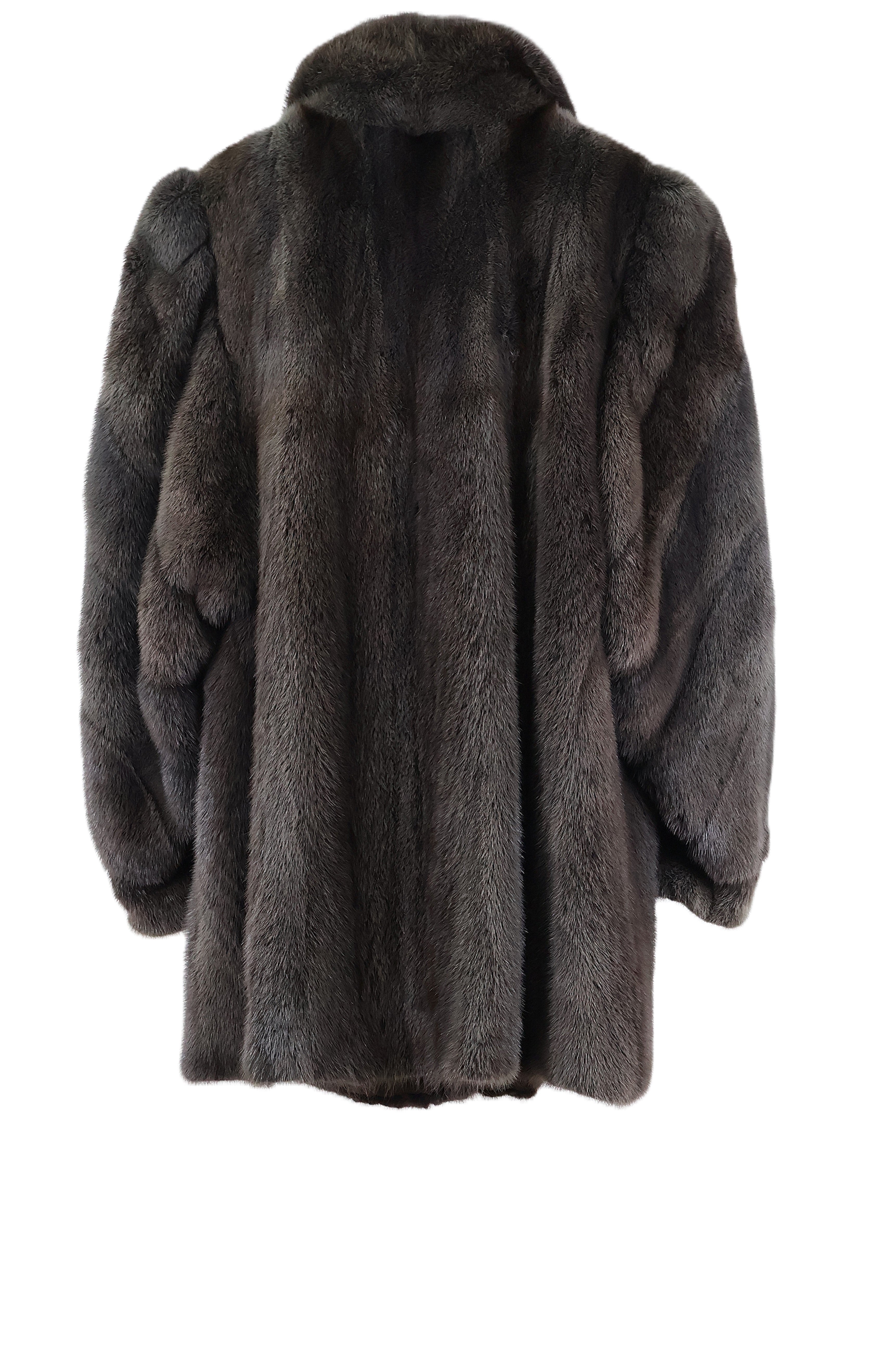 PRE-OWNED BLACK/GREY CROSS MINK STROLLER W/ WING COLLAR, DIAGONAL SLEEVES & BANDED CUFFS