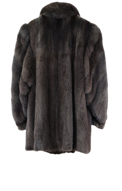 PRE-OWNED BLACK/GREY CROSS MINK STROLLER W/ WING COLLAR, DIAGONAL SLEEVES & BANDED CUFFS