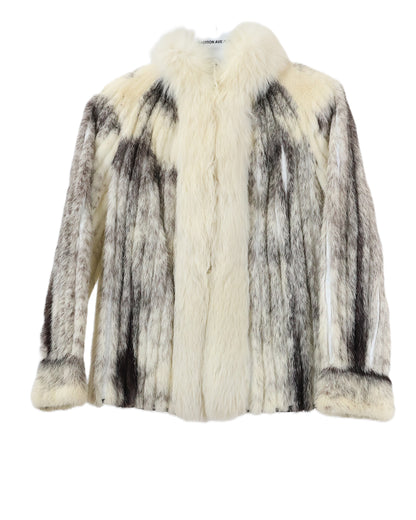 PRE-OWNED BLACK CROSS RIBBED MINK JACKET W/ WHITE FOX TUXEDO FRONT, BANDED CUFFS & SIDE SLITS
