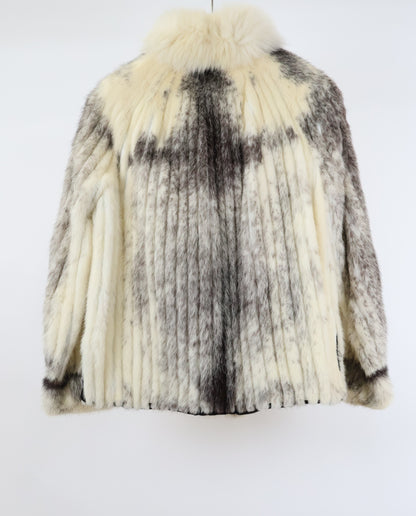 PRE-OWNED BLACK CROSS RIBBED MINK JACKET W/ WHITE FOX TUXEDO FRONT, BANDED CUFFS & SIDE SLITS