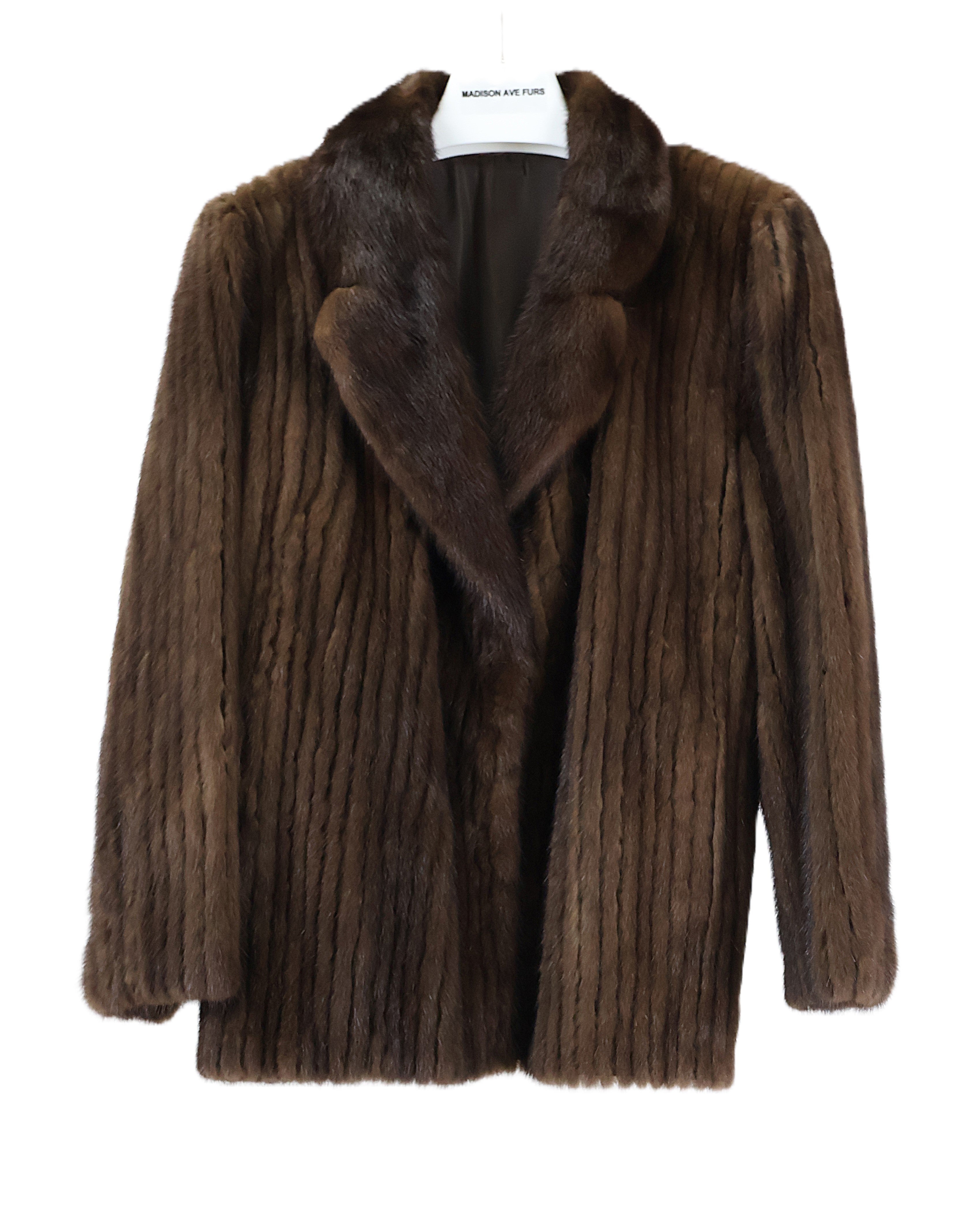 PRE-OWNED DEMI BUFF RIBBED MINK JACKET W/ LONG HAIR MINK NOTCH COLLAR & STRAIGHT SLEEVES