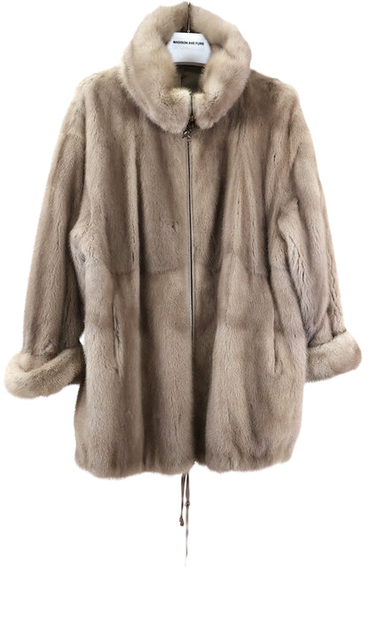 PRE-OWNED NATURAL SILVER BLUE SKIN ON SKIN MINK ZIPPERED JACKET W/ WING COLLAR, TURN BACK CUFFS & DRAWSTRING AT HEM