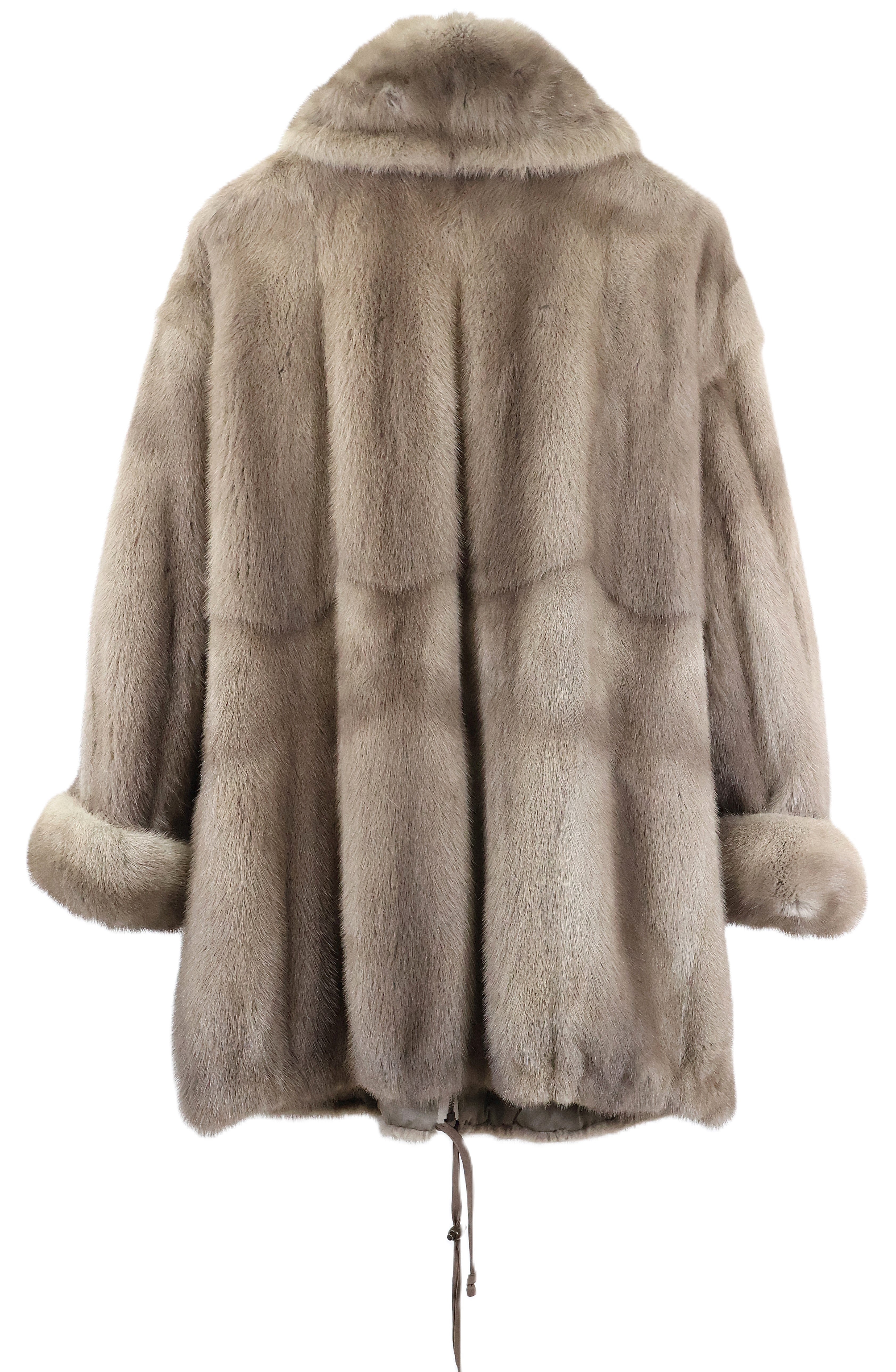 PRE-OWNED NATURAL SILVER BLUE SKIN ON SKIN MINK ZIPPERED JACKET W/ WING COLLAR, TURN BACK CUFFS & DRAWSTRING AT HEM