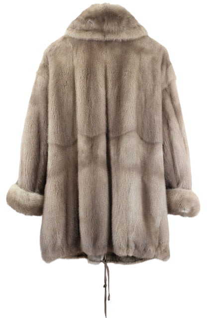 PRE-OWNED NATURAL SILVER BLUE SKIN ON SKIN MINK ZIPPERED JACKET W/ WING COLLAR, TURN BACK CUFFS & DRAWSTRING AT HEM