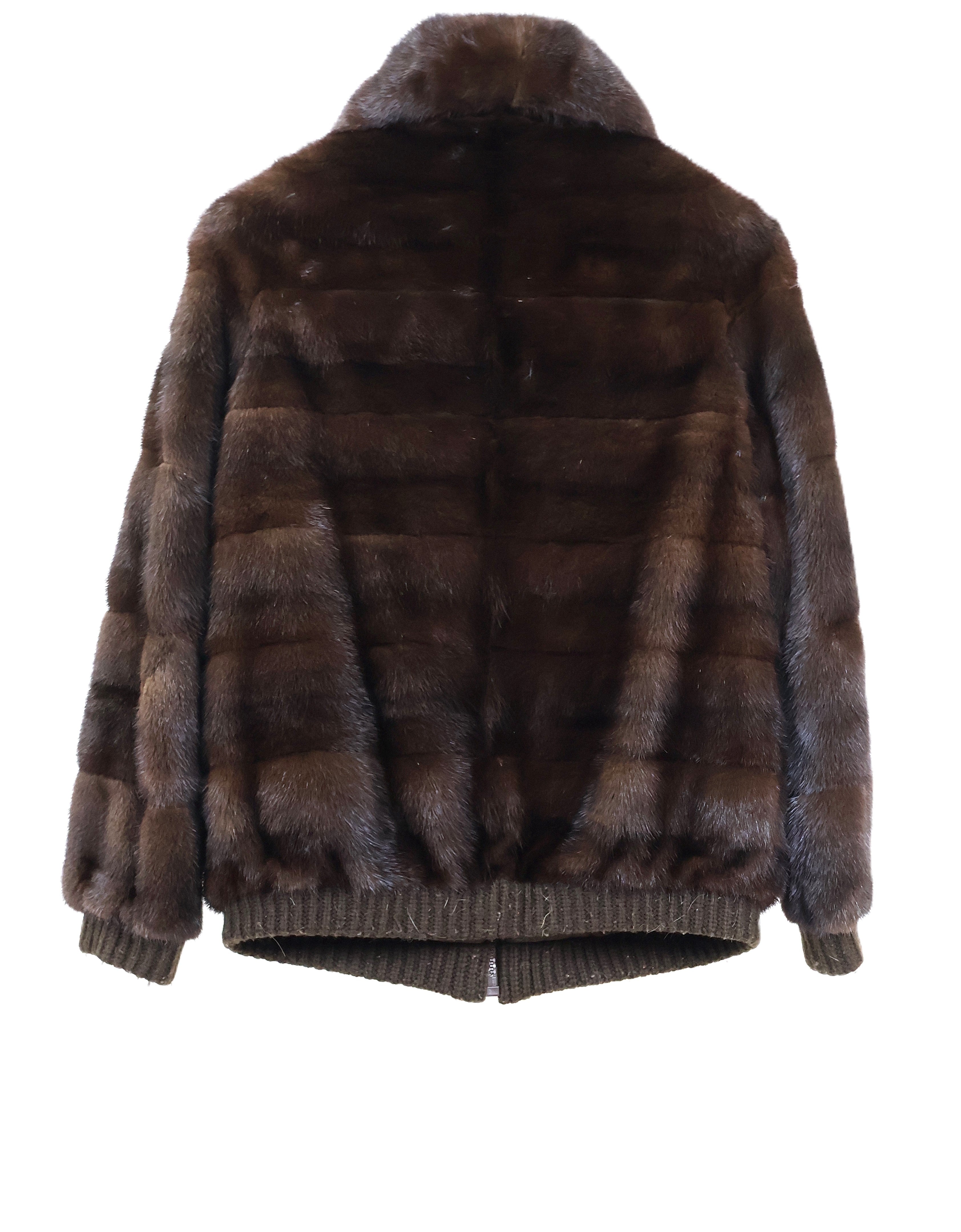 PRE-OWNED MAHOGANY HORIZONTAL MINK REVERSIBLE TO RAINWEAR BOMBER JACKET W/ WING COLLAR & KNIT CUFFS & HEM